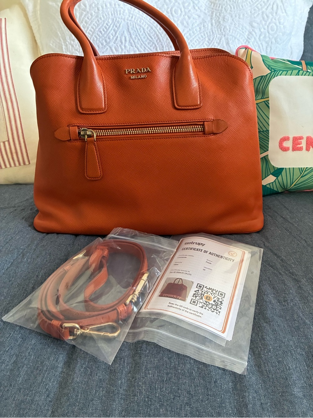 Prada Orange Saffiano Leather Bag with Gold Hardware